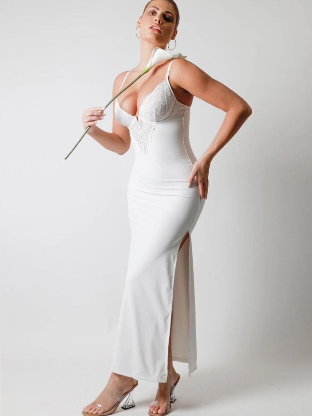 Popilush Shapewear Lace V Neck Side Slit Slimming Maxi Slip Dress